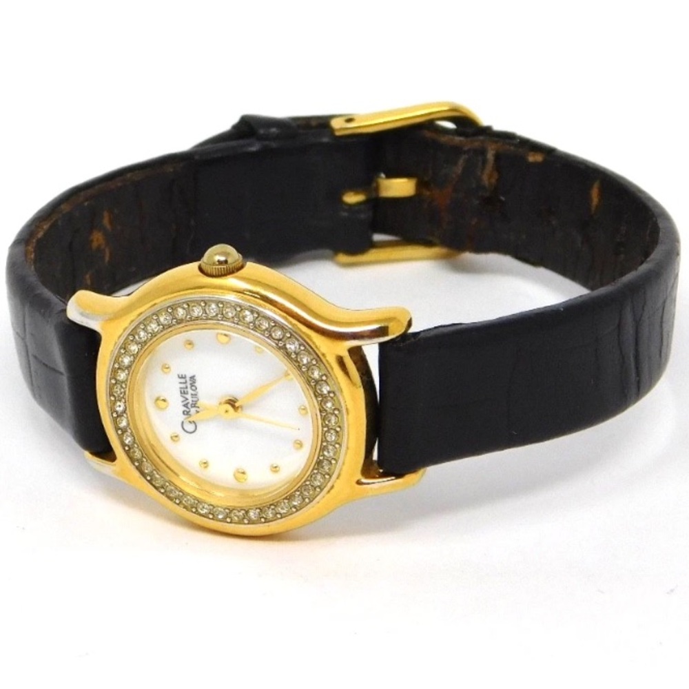 Caravelle by Bulova Women's Watch 45L73 Crystal Bezel Black Leather Band Vintage